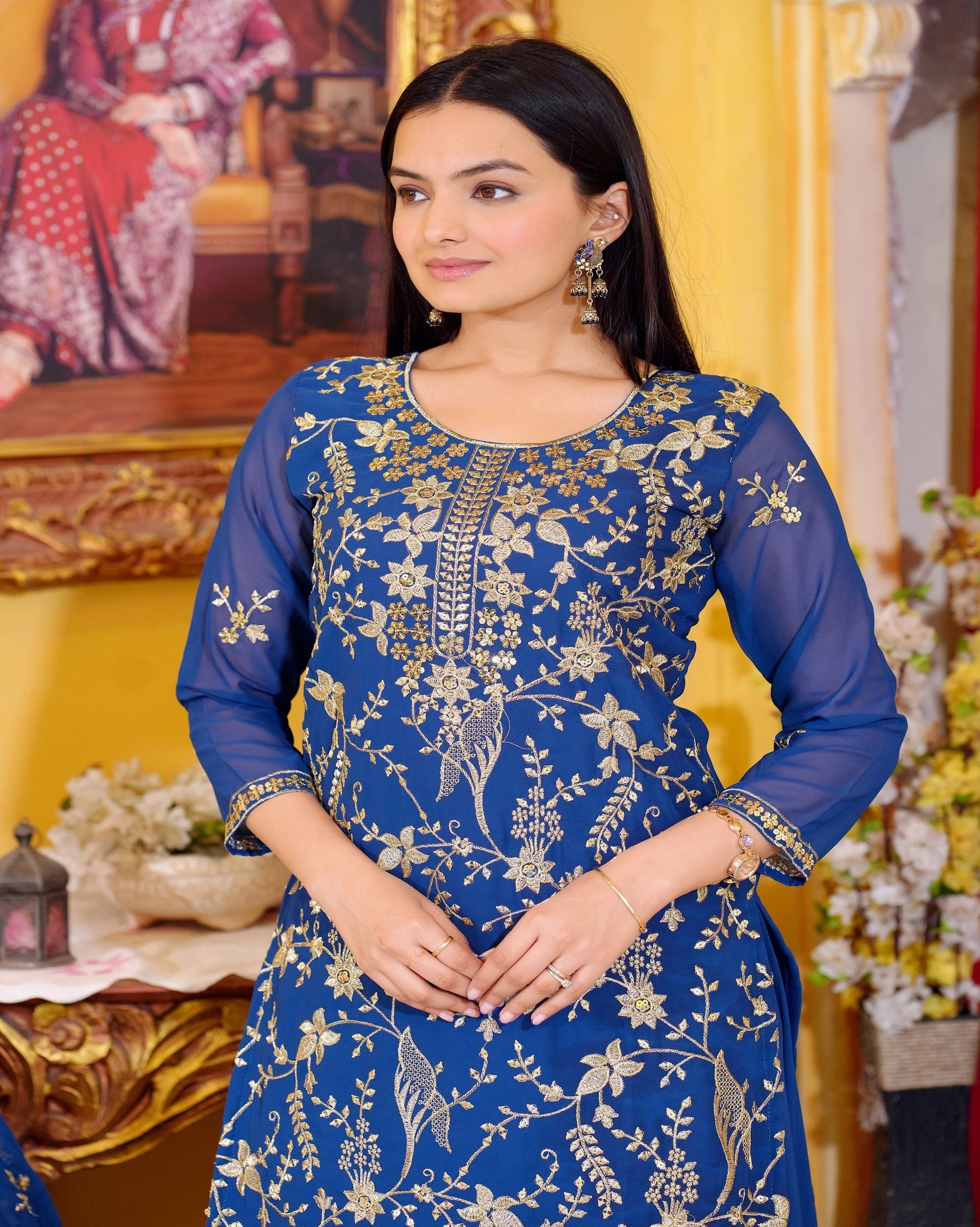 Teeya Creation Blue Color Georgette Heavy Embroidery Work Fully Stitched Lehenga Suit Set