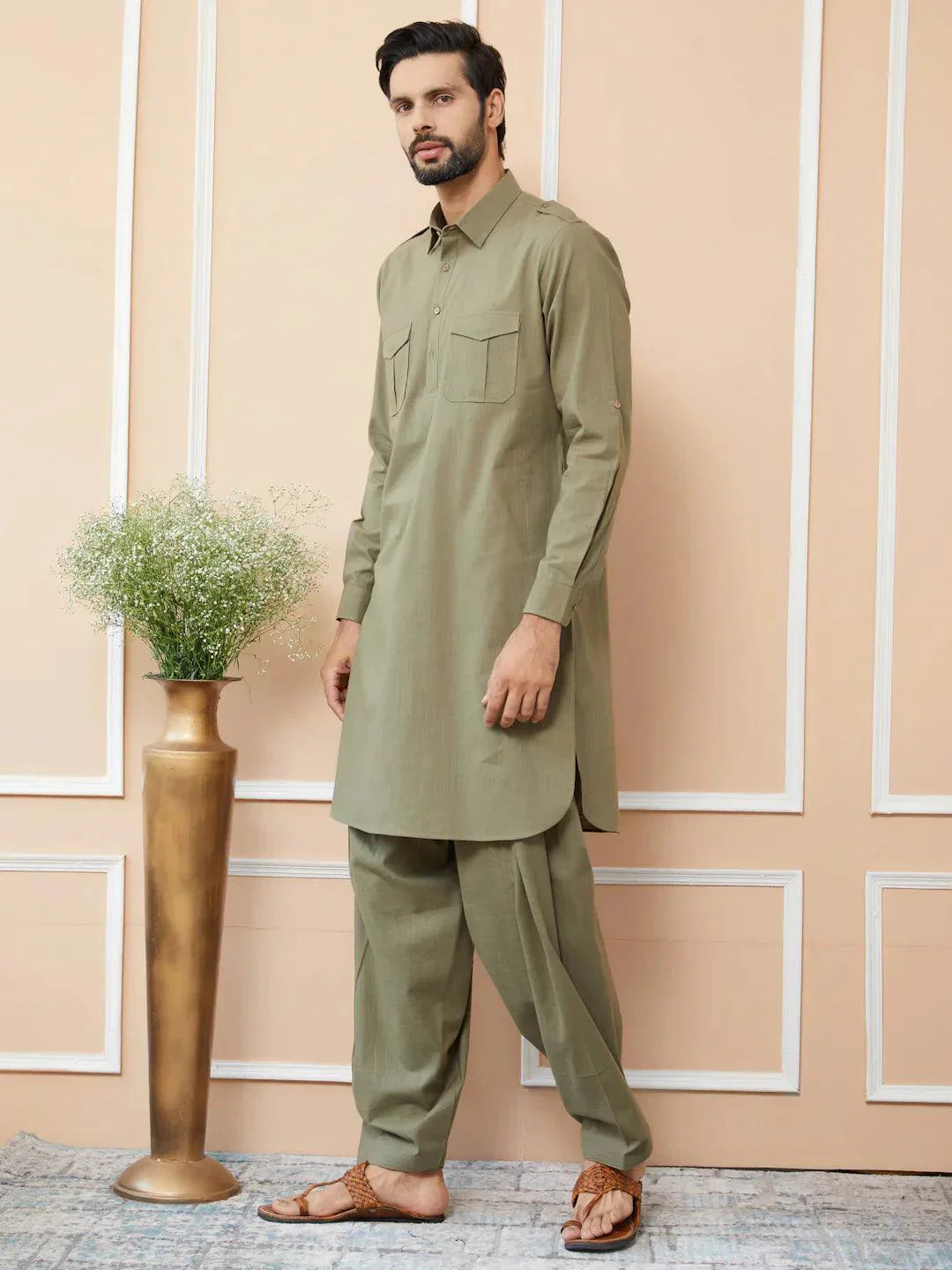 Fabmade Olive Cotton Linen Pathani Kurta With Salwar