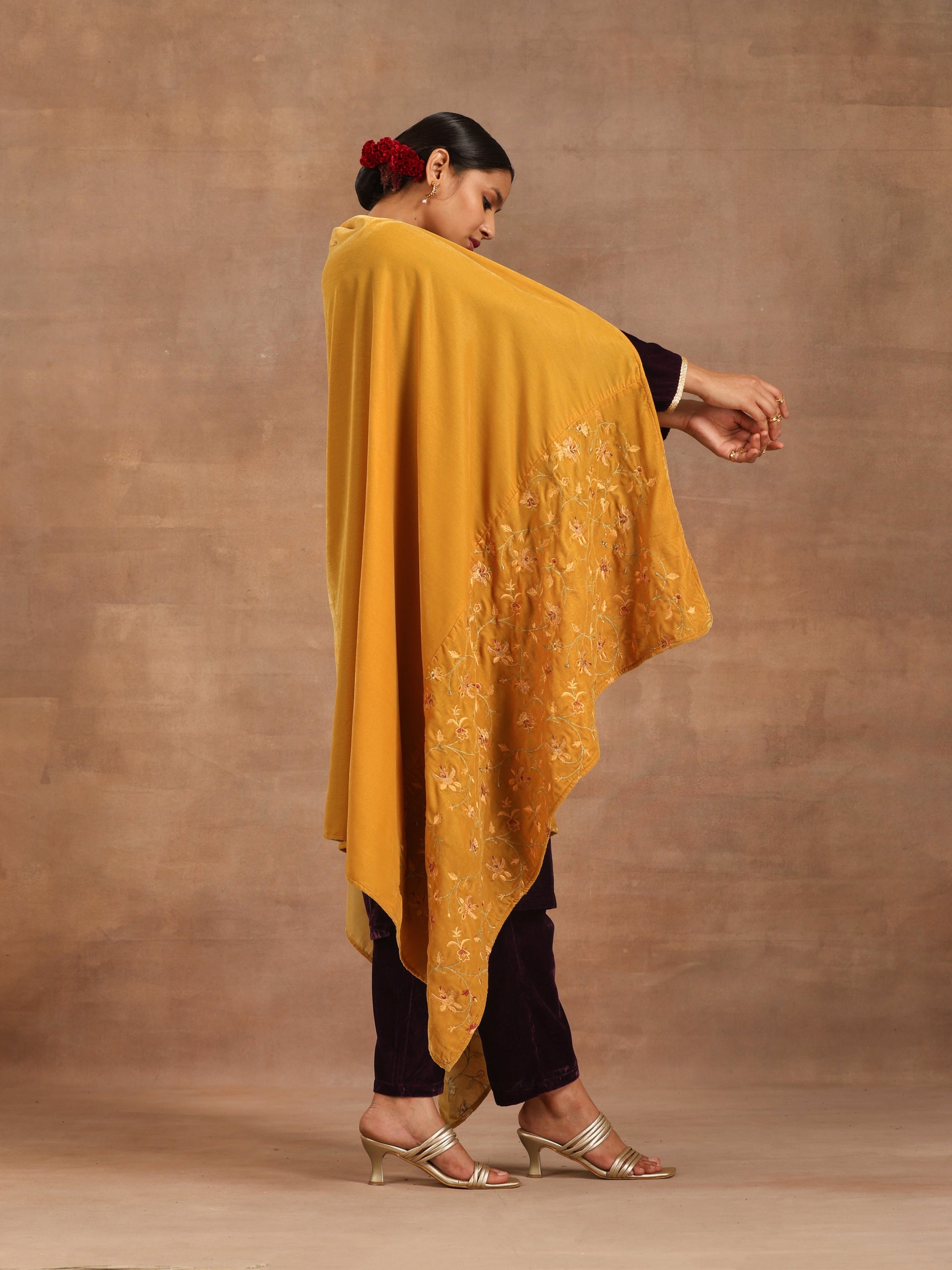 trueBrowns Mustard Velvet Embroidered Shawl - Grab2buy