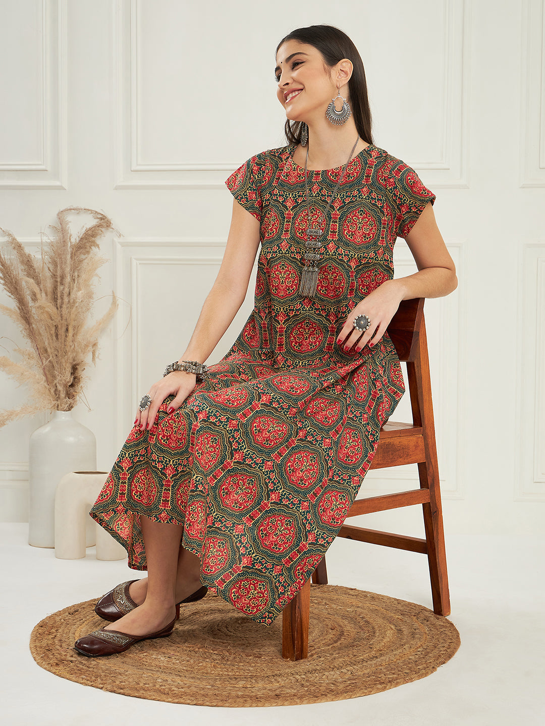 InWeave Women's Green Red Mughal Kalamkari A Line Dress 