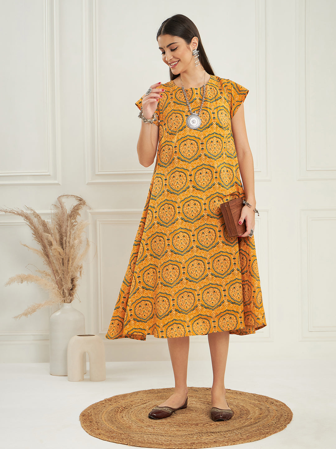 InWeave Women's Haldi Yellow Mughal Kalamkari A Line Dress 