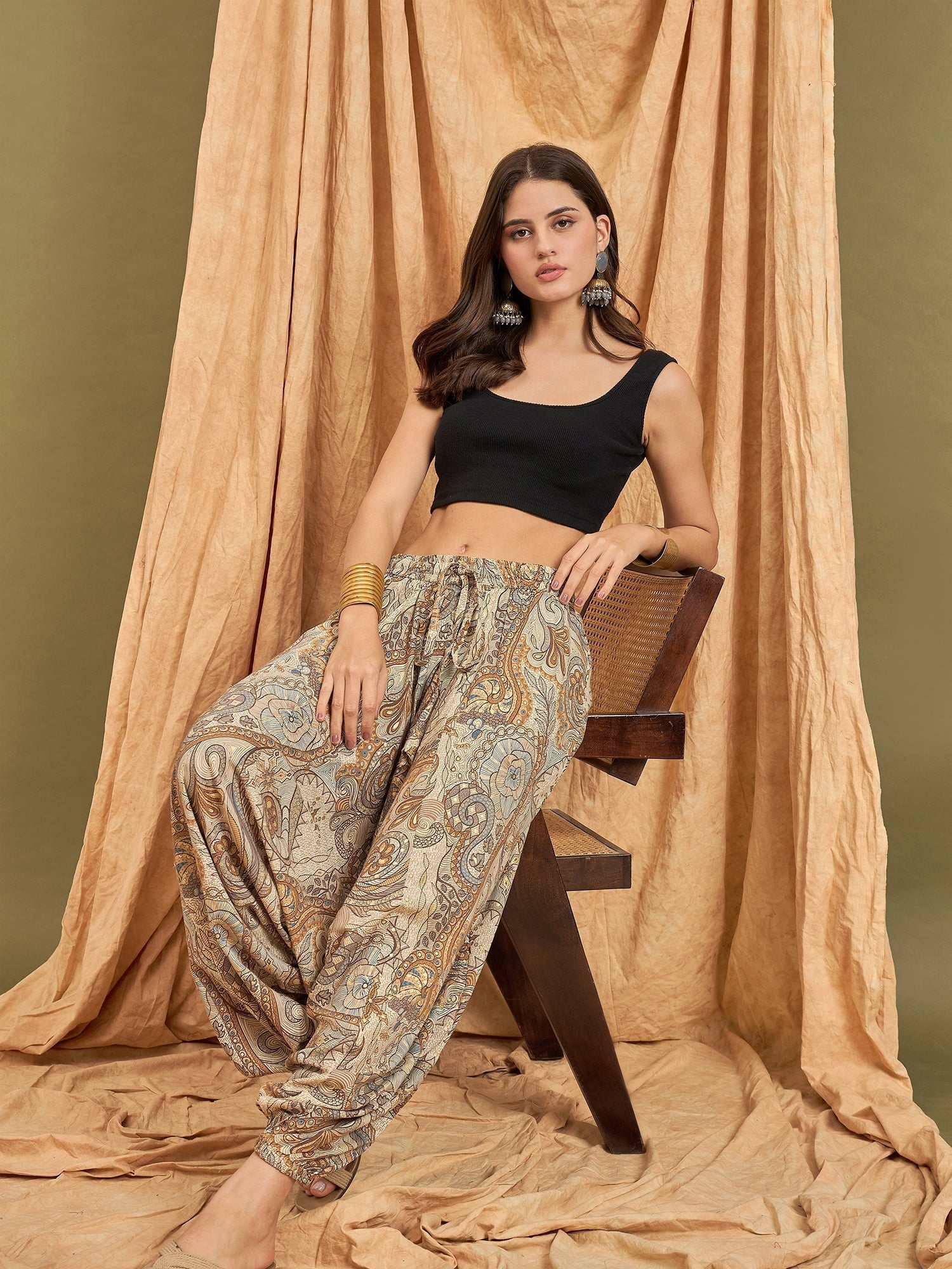 InWeave Beige Paisley Flower Harem Pant 