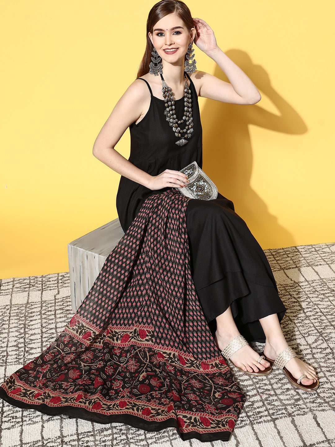 InWeave Women's Strappy Set With Black Pink Ethnic Print Cotton Dupatta 