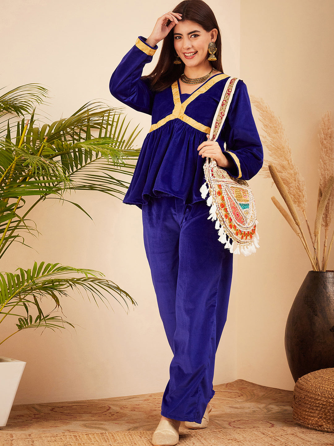 InWeave Women's Royal Blue Mughal Shaan Style Velvet Short Kurta Set 