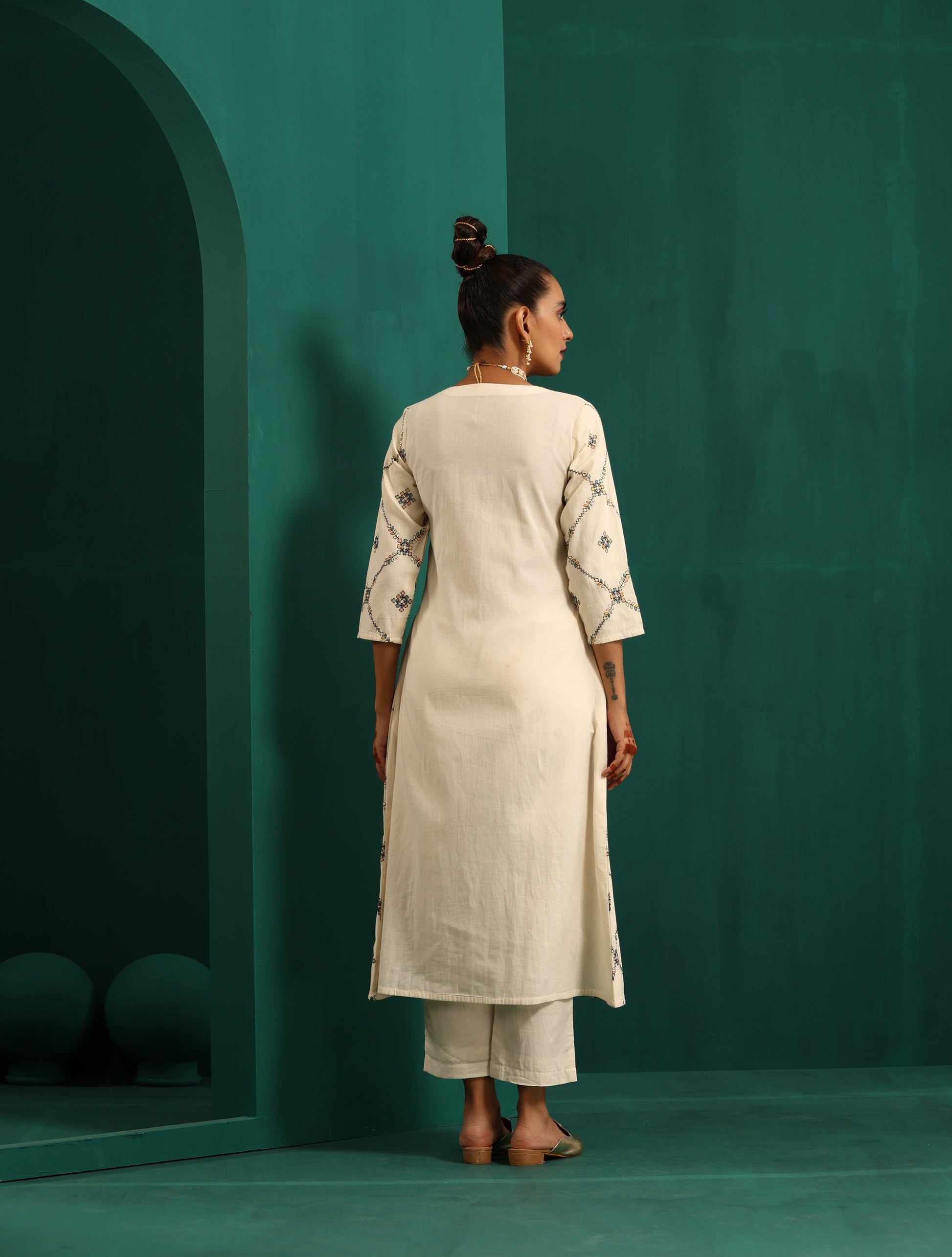 trueBrowns Ivory Rhombus Cotton Angrakha Kurta Pant Set 