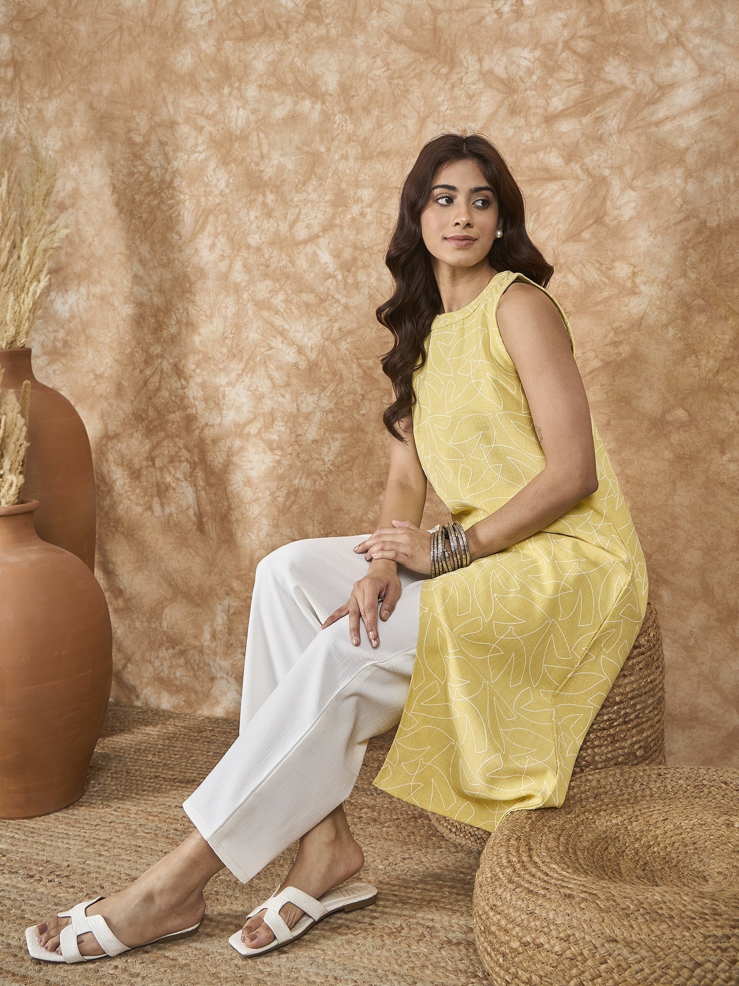InWeave Light Yellow Side Asymmetric Kurta Set 