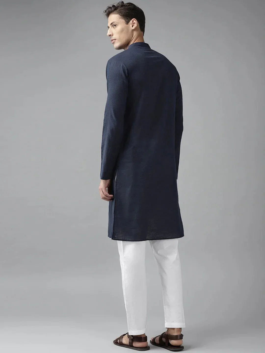 Fabmade Men Navy Blue Cotton Linen Kurta Pyjama