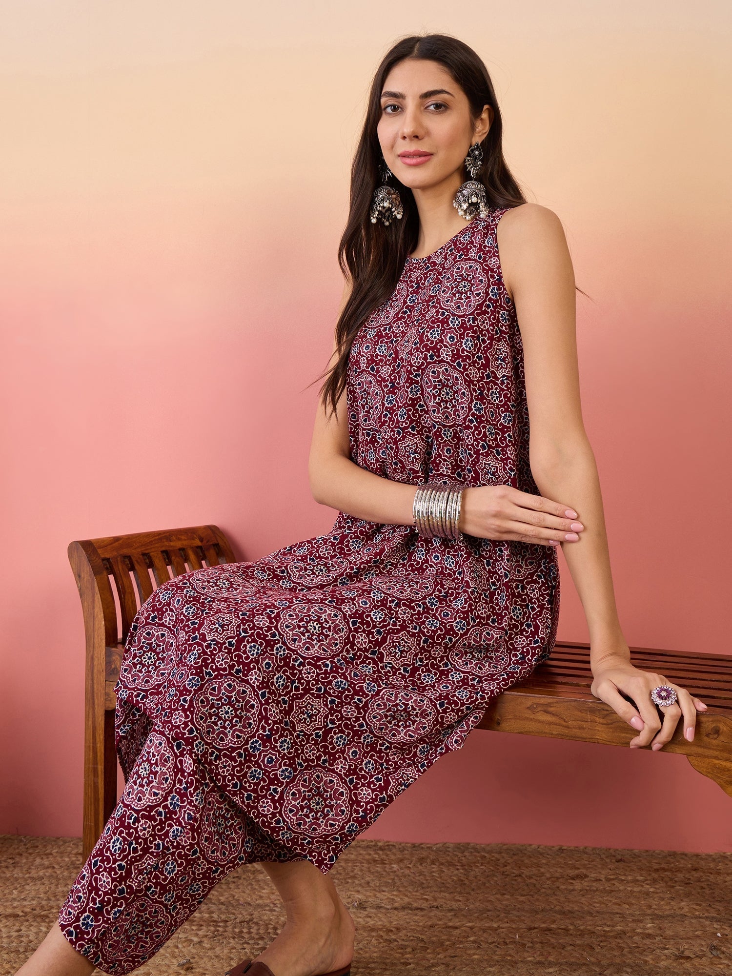 InWeave Maroon Navy Ajrakh Foil Round Neck Kurta Pant Set 