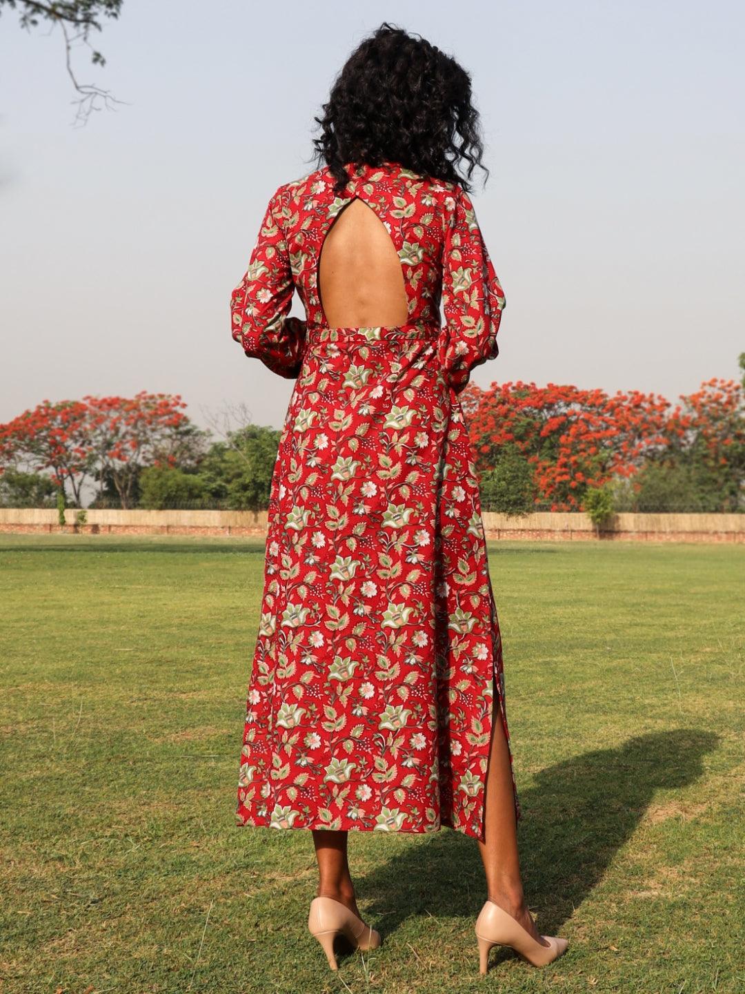 trueBrowns Red Cotton Block Print Backless Dress 