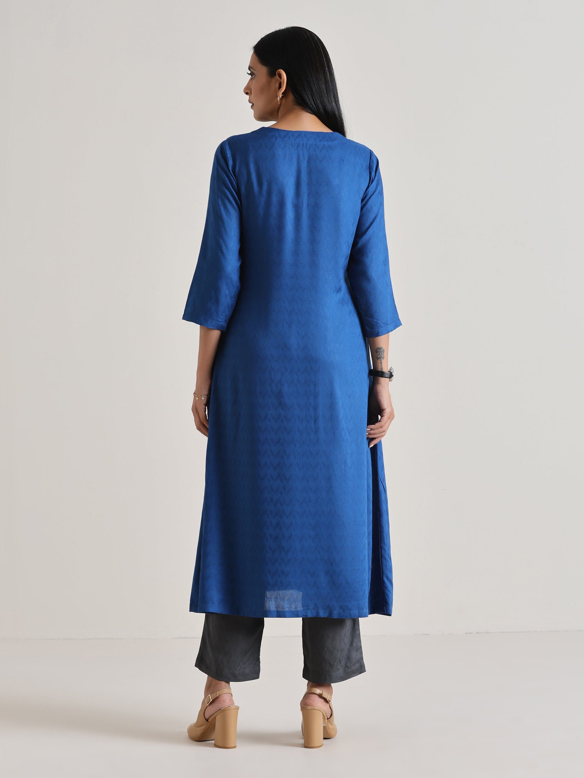 trueBrowns Ink Blue Angrakha Kurta Set 
