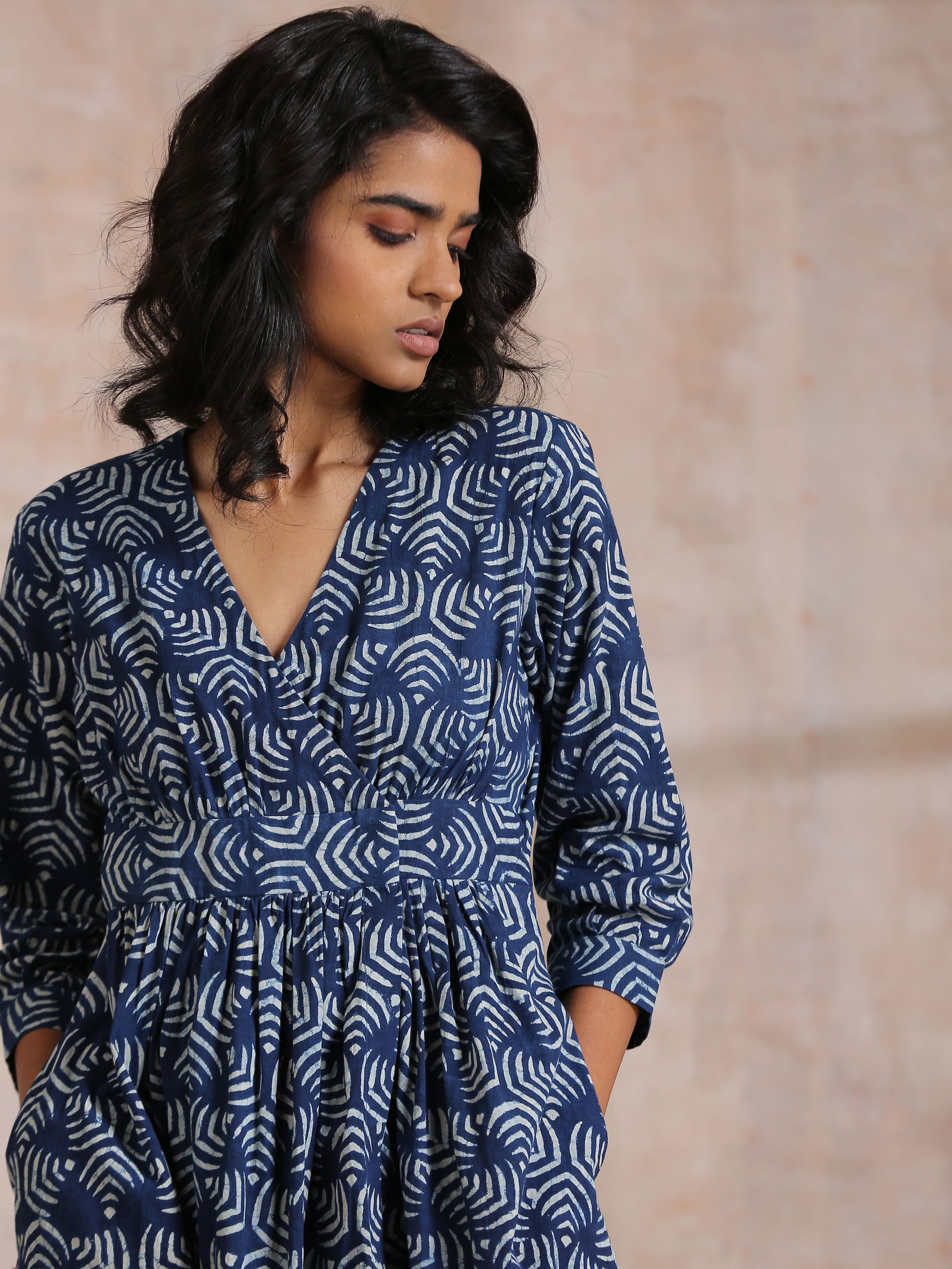 trueBrowns Indigo Dabu Overall Print Cotton Wrap Dress 