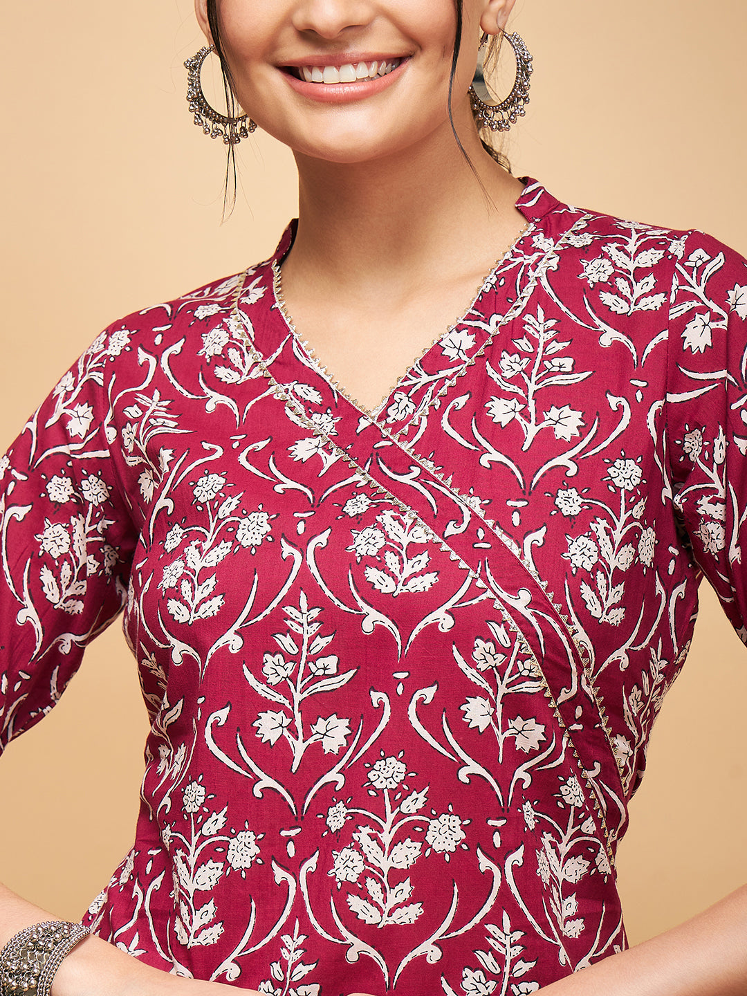 InWeave Women's Wine Floral Print Straight Angrakha Gota Kurta 