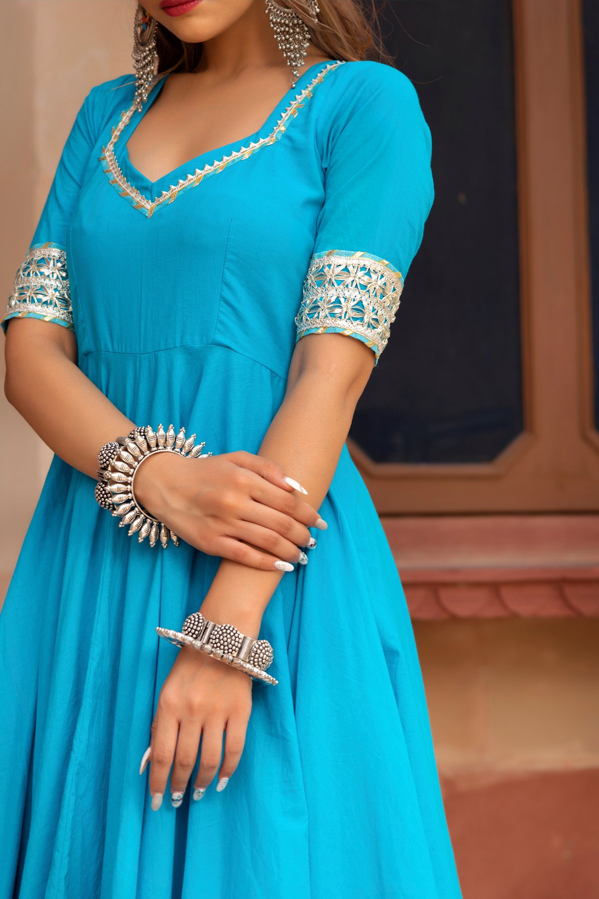 Pomcha Jaipur Kalamkari Blue Pure Cotton Anarkali Set 