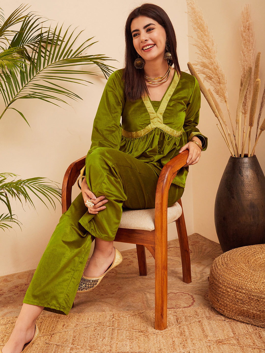 InWeave Women's Olive Mughal Shaan Style Velvet Short Kurta Set 