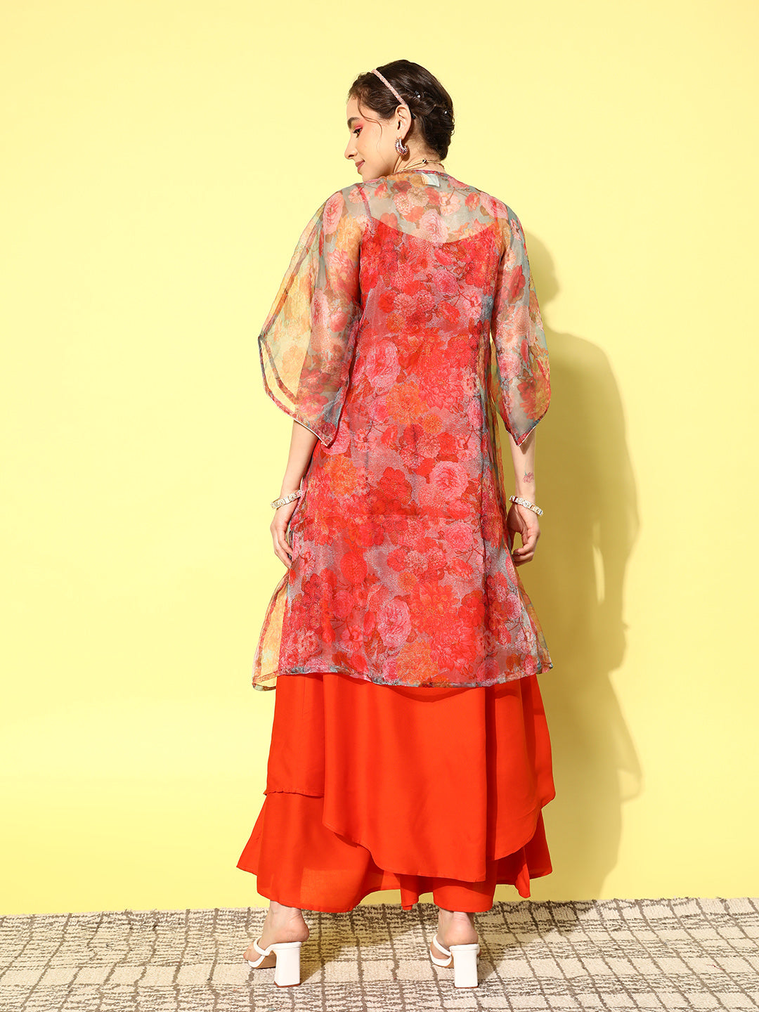 InWeave Women's Orange Strappy Set W Green Organza Cape 