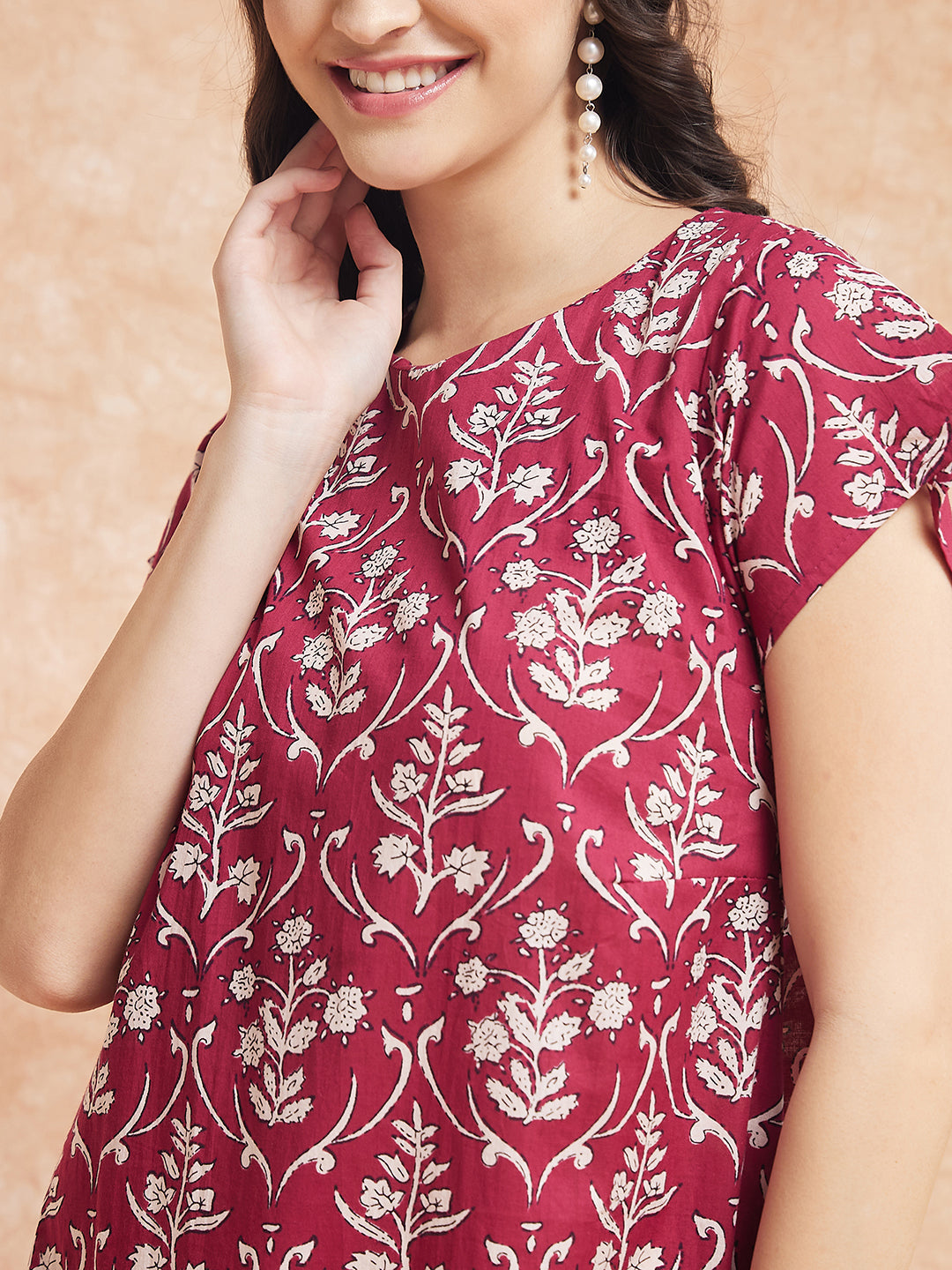 InWeave Women's Wine Cream Floral Print A Line Dress 