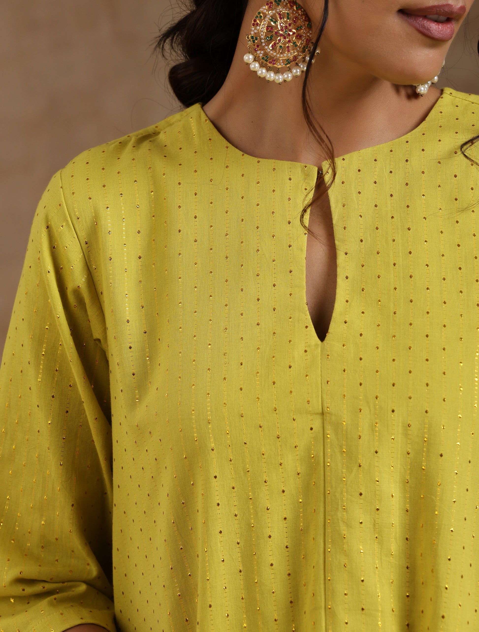 trueBrowns Lime Gold Cotton Handkerchief Kurta Set 
