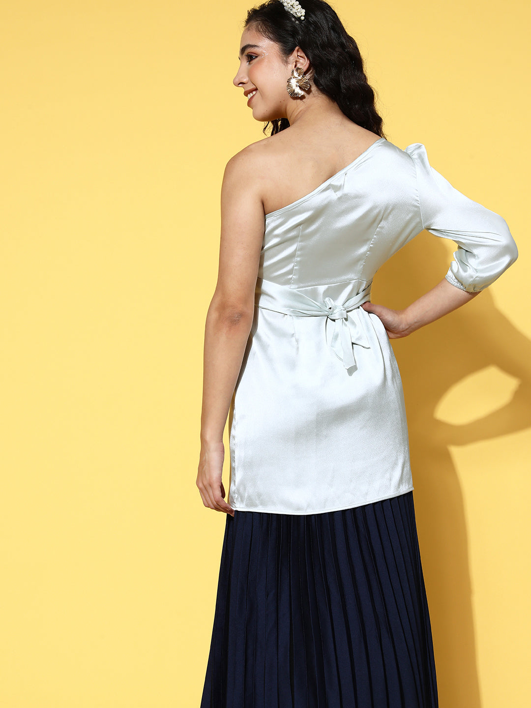 InWeave One Shoulder Satin Top In Silver Colour 