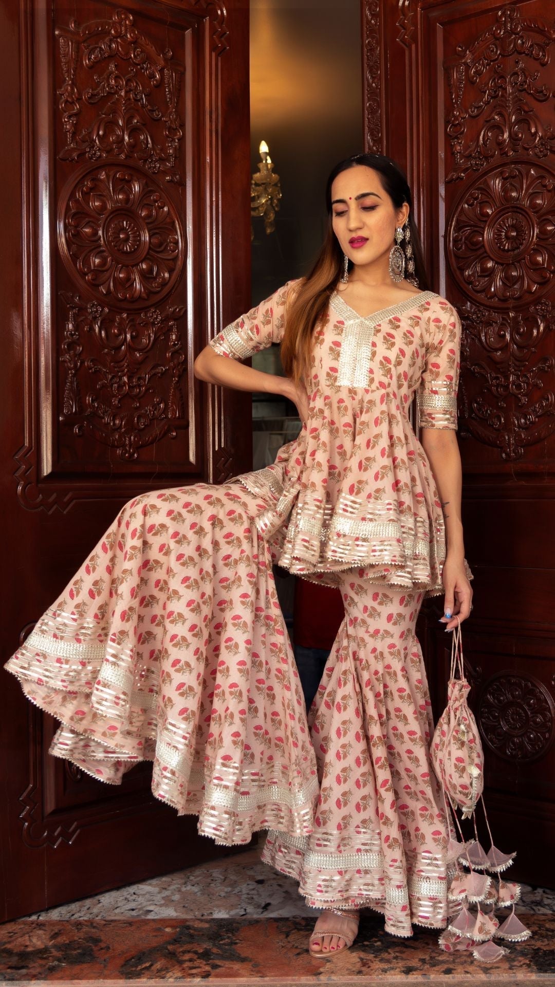 Pomcha Jaipur Peach Hand Block Cotton Sharara Set 