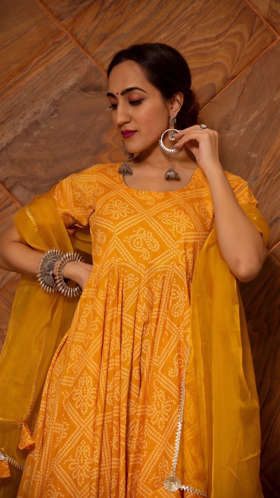 Pomcha Jaipur Bandhej Yellow Cotton Anarkali Set 