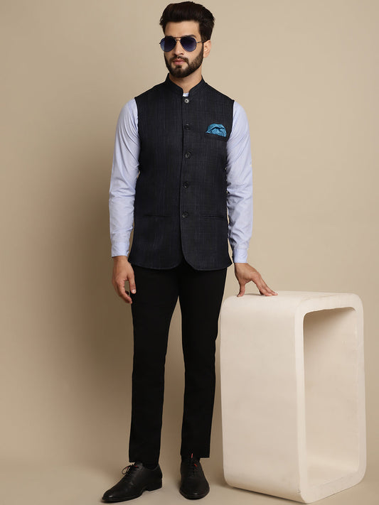 Even Apparels Men's Blue Mandarin Collar Waistcoat - Grab2buy