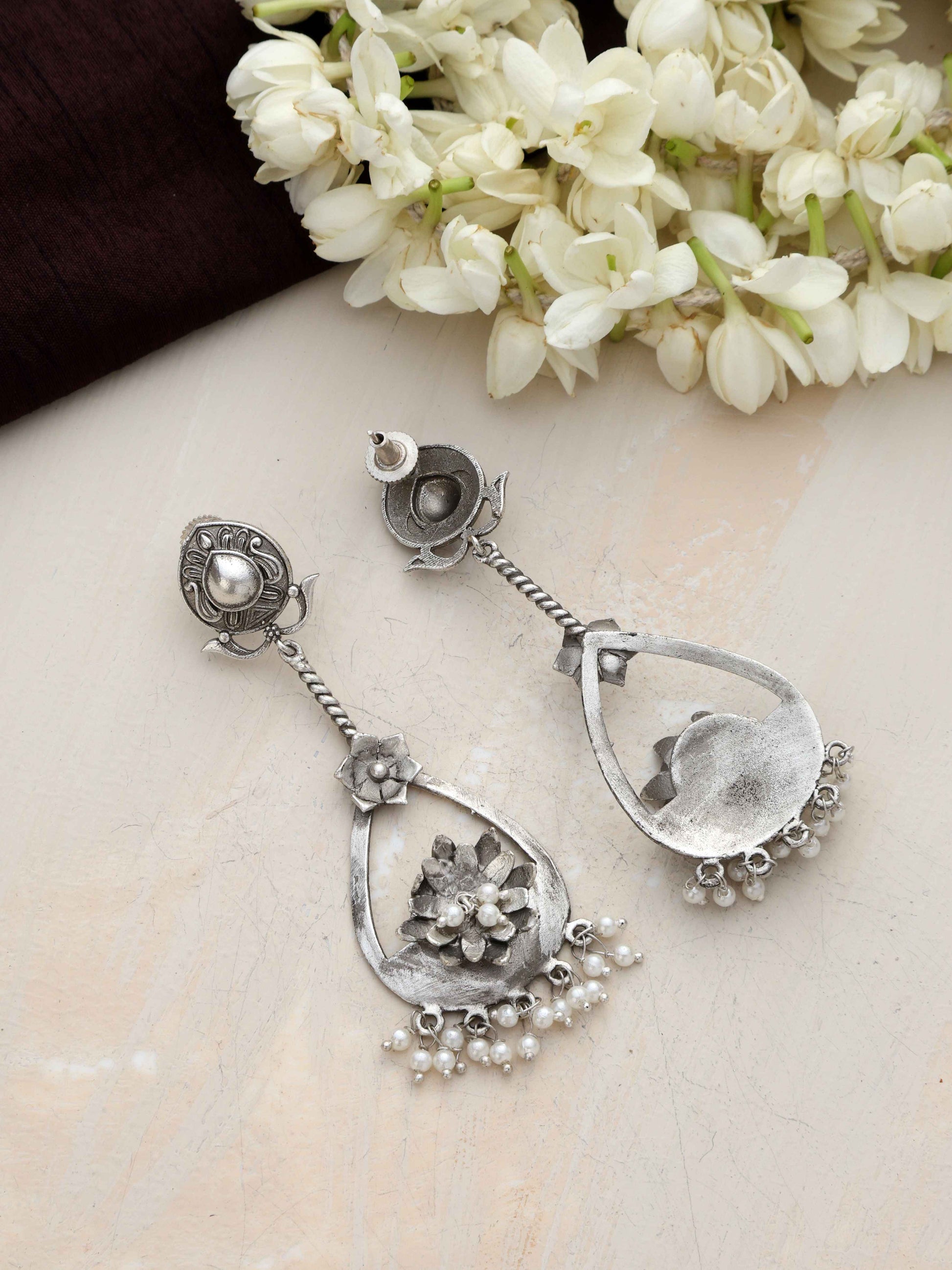 trueBrowns Silver Tone Floral Chandbaali Earrings Truebrowns Lifestyle
