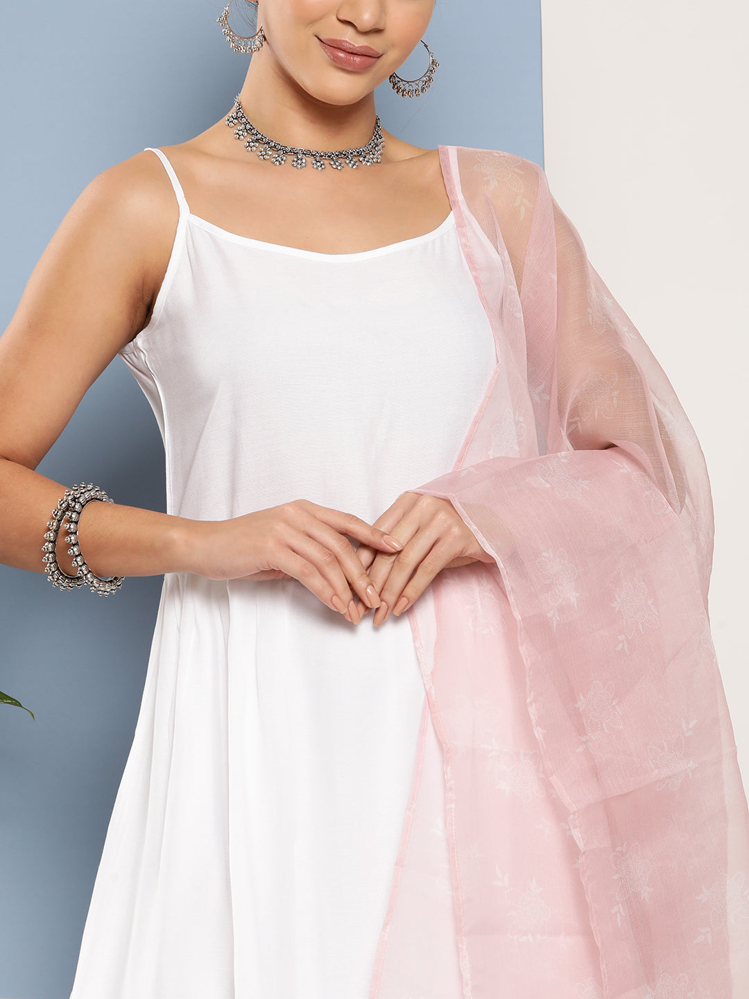 InWeave Women's Cream Strappy With Pink White Chintz Organza Dupatta 