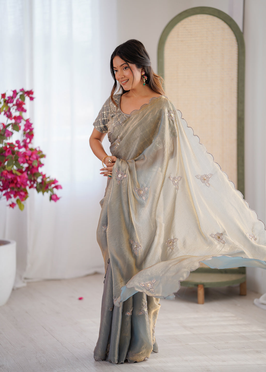 Evanik Designer Heavy Fendy Satin With Beads Embroidered Work Saree With Unstitched Blouse