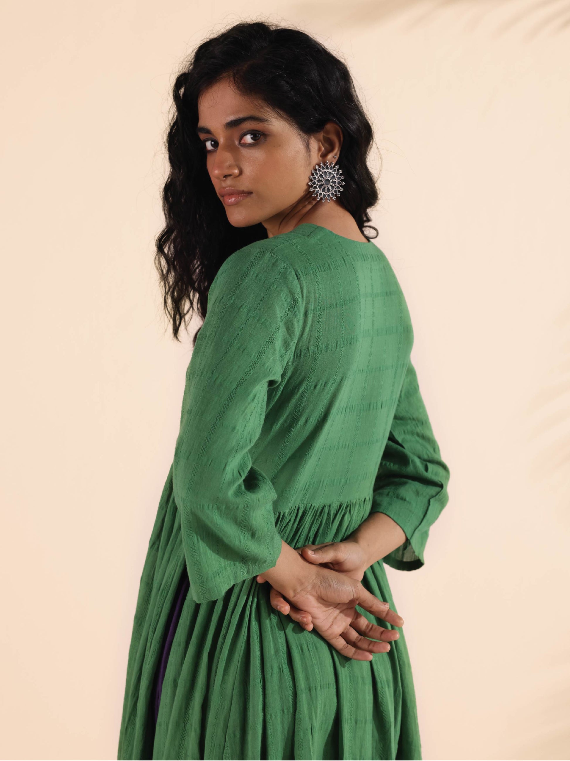 trueBrowns Green Cotton Dobby Flared Kurta Pant Set 