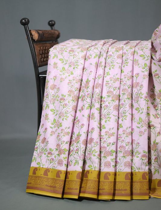 Block Print Baby Pink Dry Mehendi Combo Mulmul Cotton Saree By Gayathri Reddy Designer Studio - Grab2buy