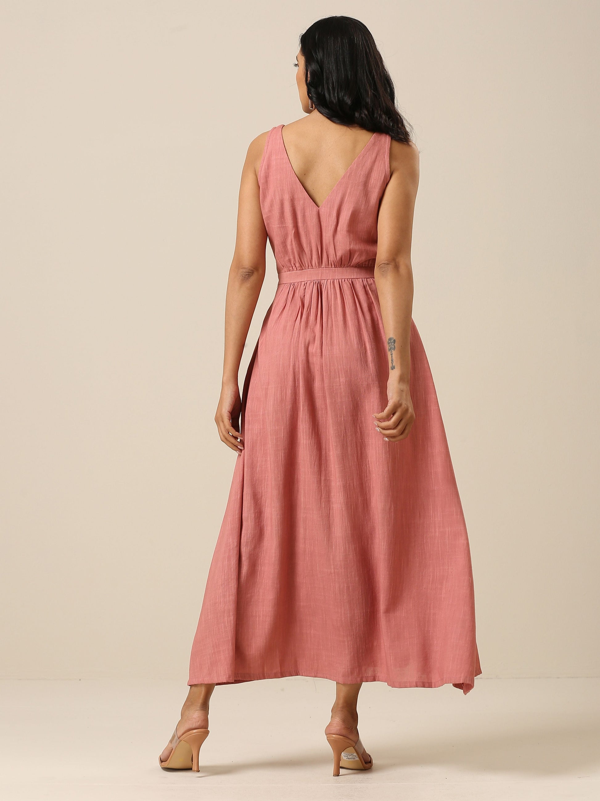trueBrowns Light Mauve Slub Texture Sleeveless Wrap Dress 