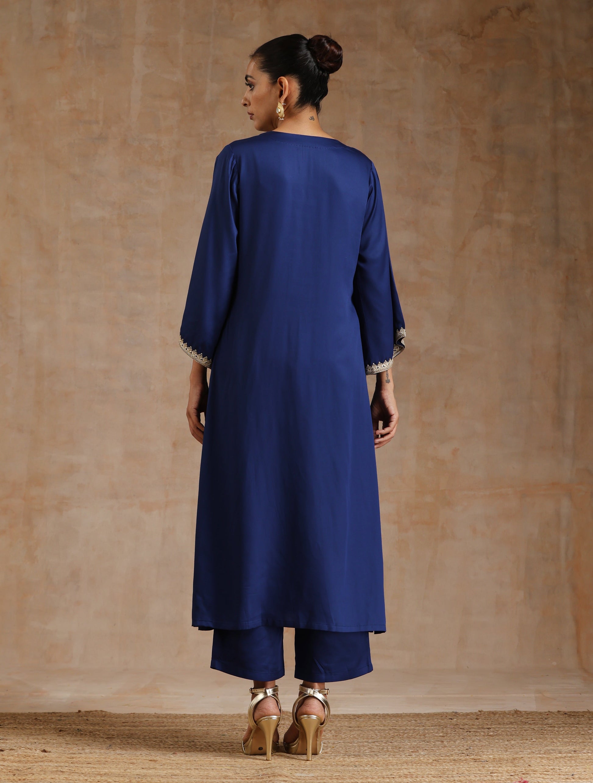 trueBrowns Midnight Blue Modal Satin Relax Kurta Set 