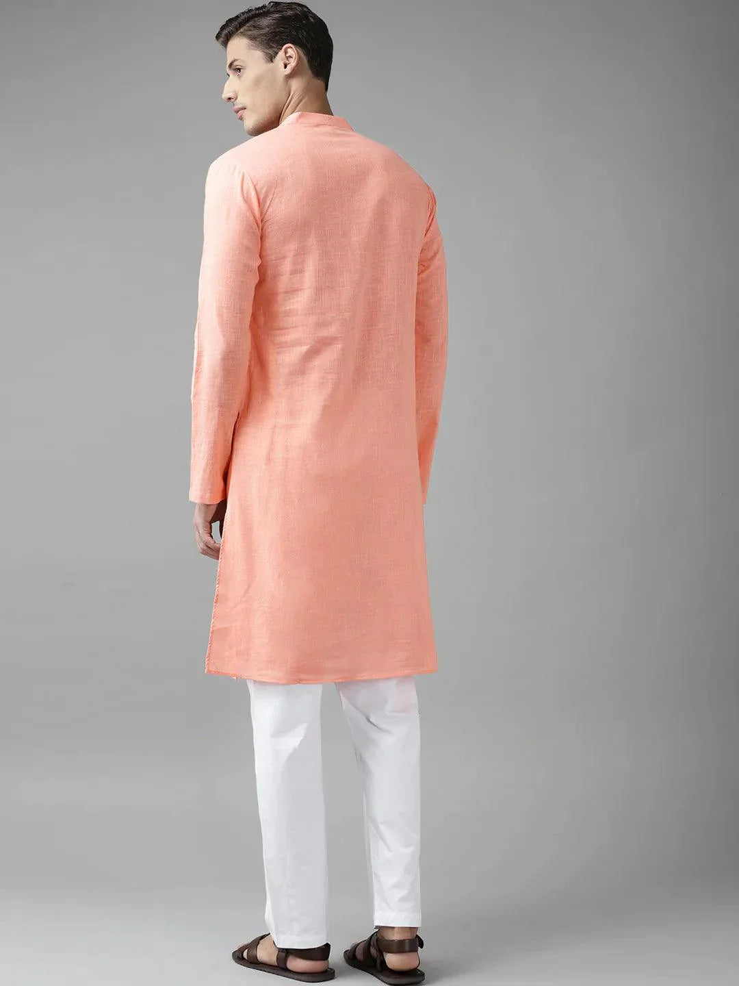 Fabmade Men Peach Cotton Linen Kurta Pyjama