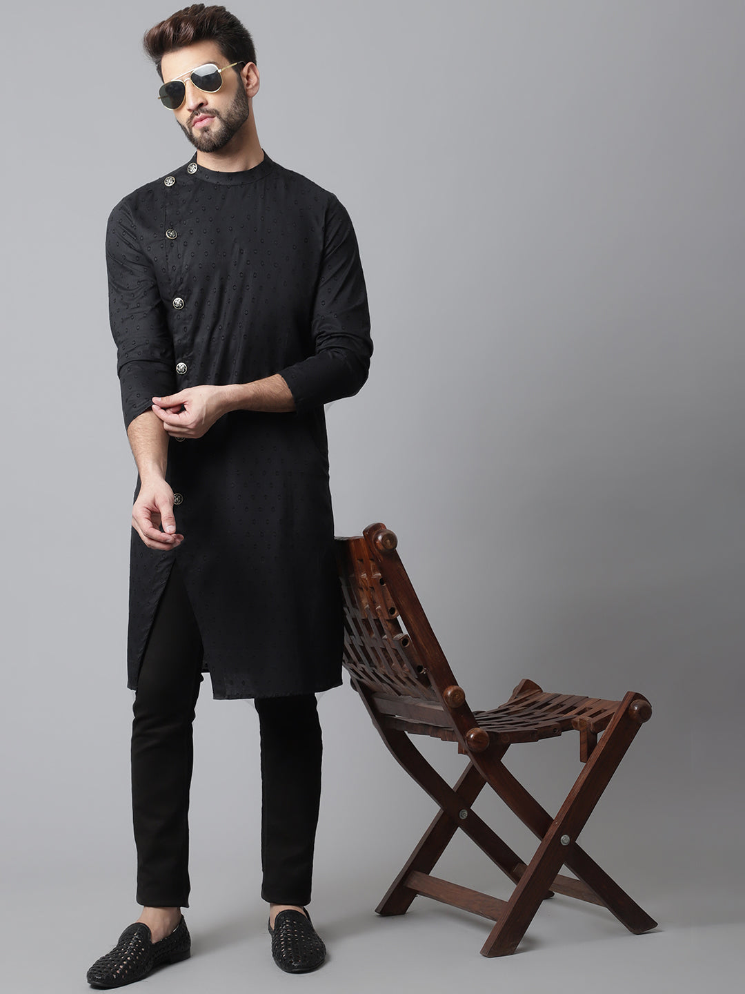 Even Apparels Black Pure Cotton Kurta With Band Collar 