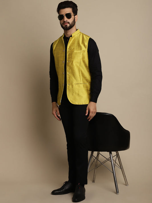 Even Apparels Men's Yellow Mandarin Collar Waistcoat - Grab2buy