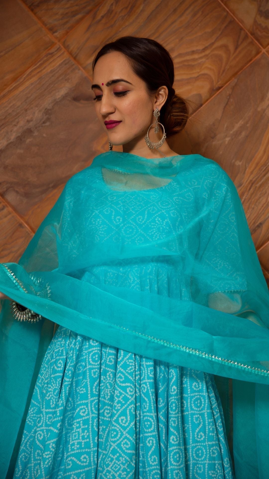Pomcha Jaipur Bandhej Blue Cotton Anarkali Set 