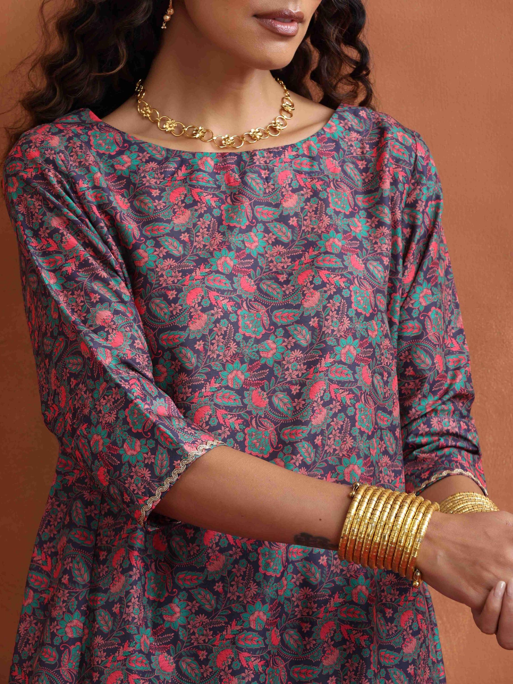 trueBrowns Purple Print A-line Kurta Set 