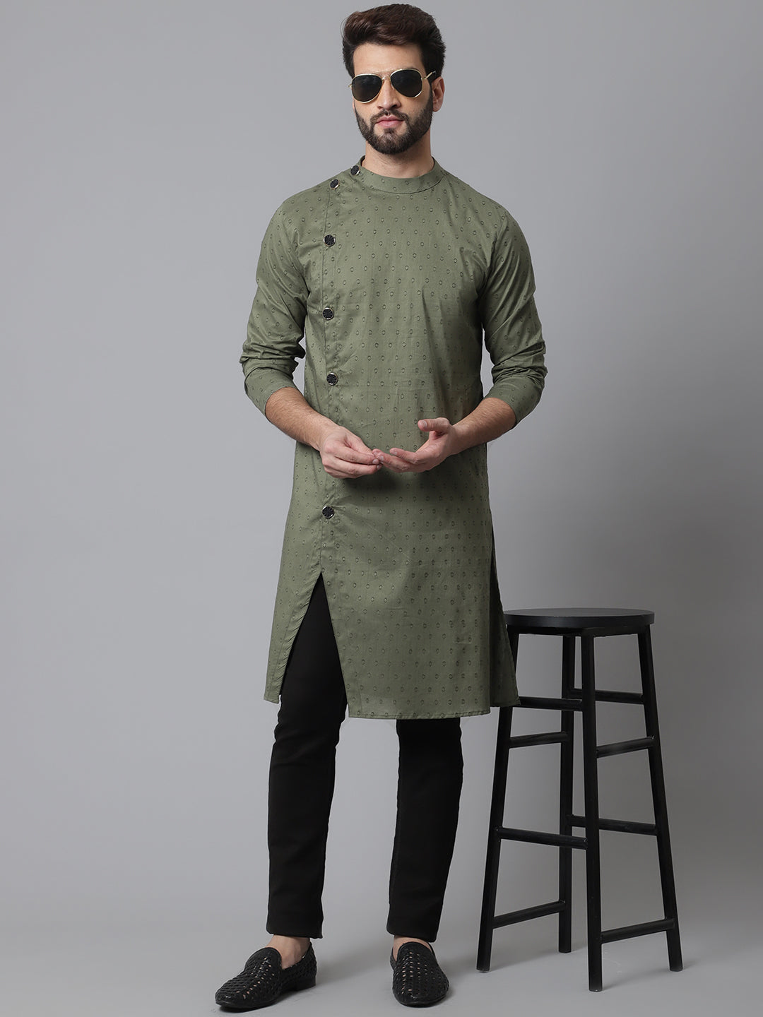 Even Apparels Green Sherwani Kurta With Asymetrical Cut 