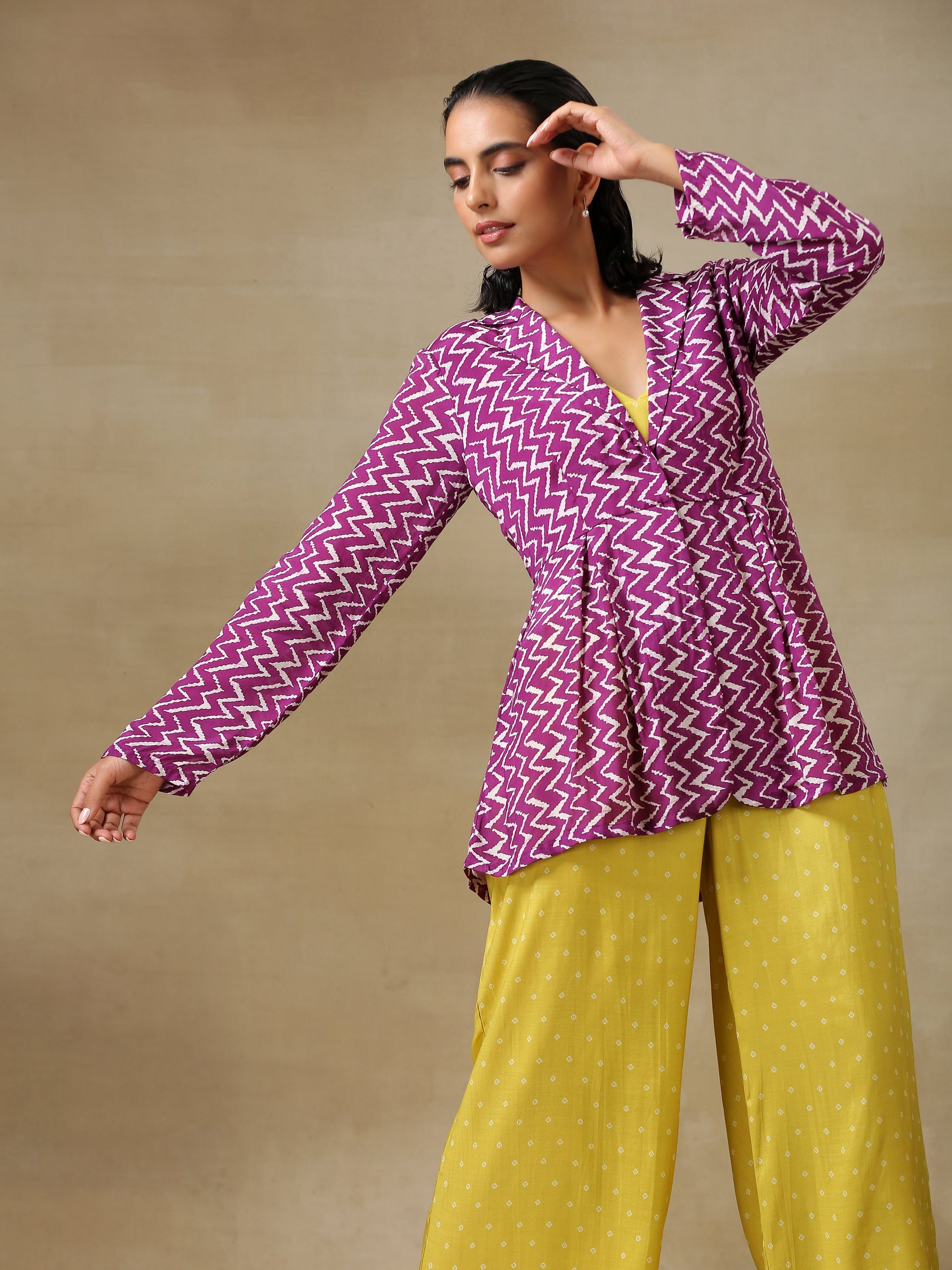 trueBrowns Lime Green Bandhani Printed Silk Top Pant with Purple Printed Jacket Set 