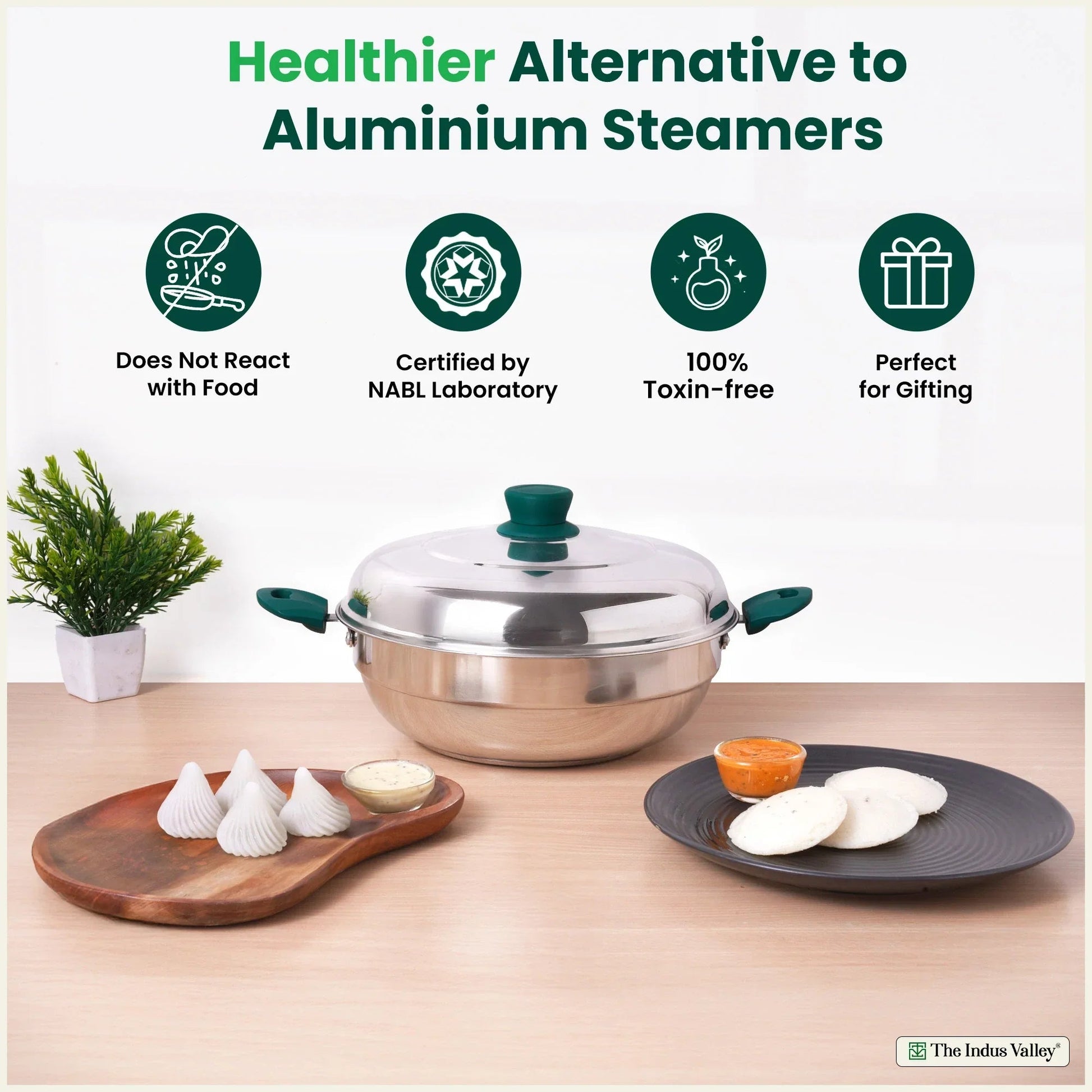 The Indus Valley 14 Pit Tri-Steel Multi Pot Premium Stainless Steel Idli/ Momo Maker/ Veg Steaming Set, Tri-ply Induction Bottom, 2 Plates, 27cm 