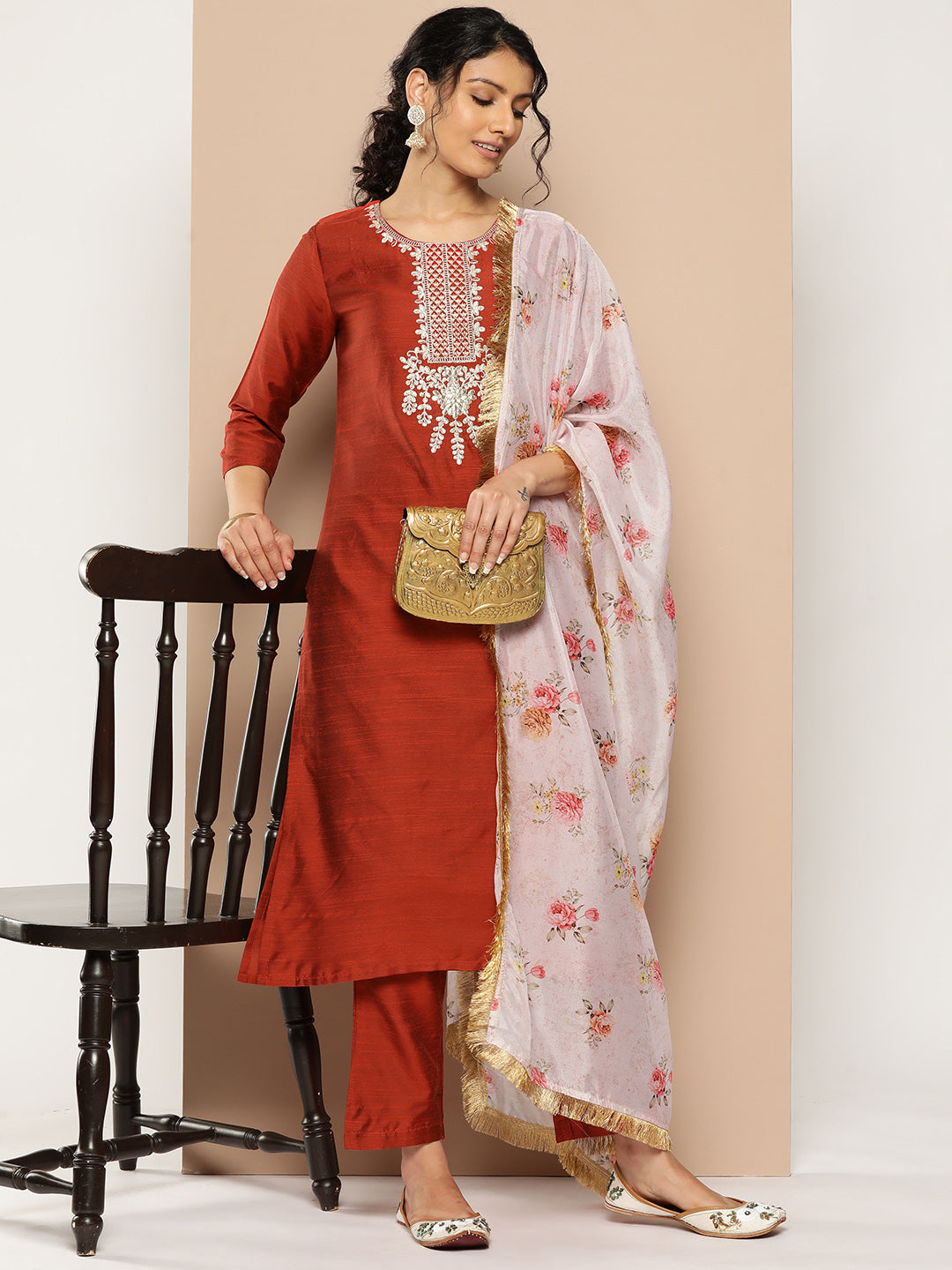 KSUT (House of Varanga) Embroidered Kurta Paired With Pant And Printed Dupatta With Zari Fringes