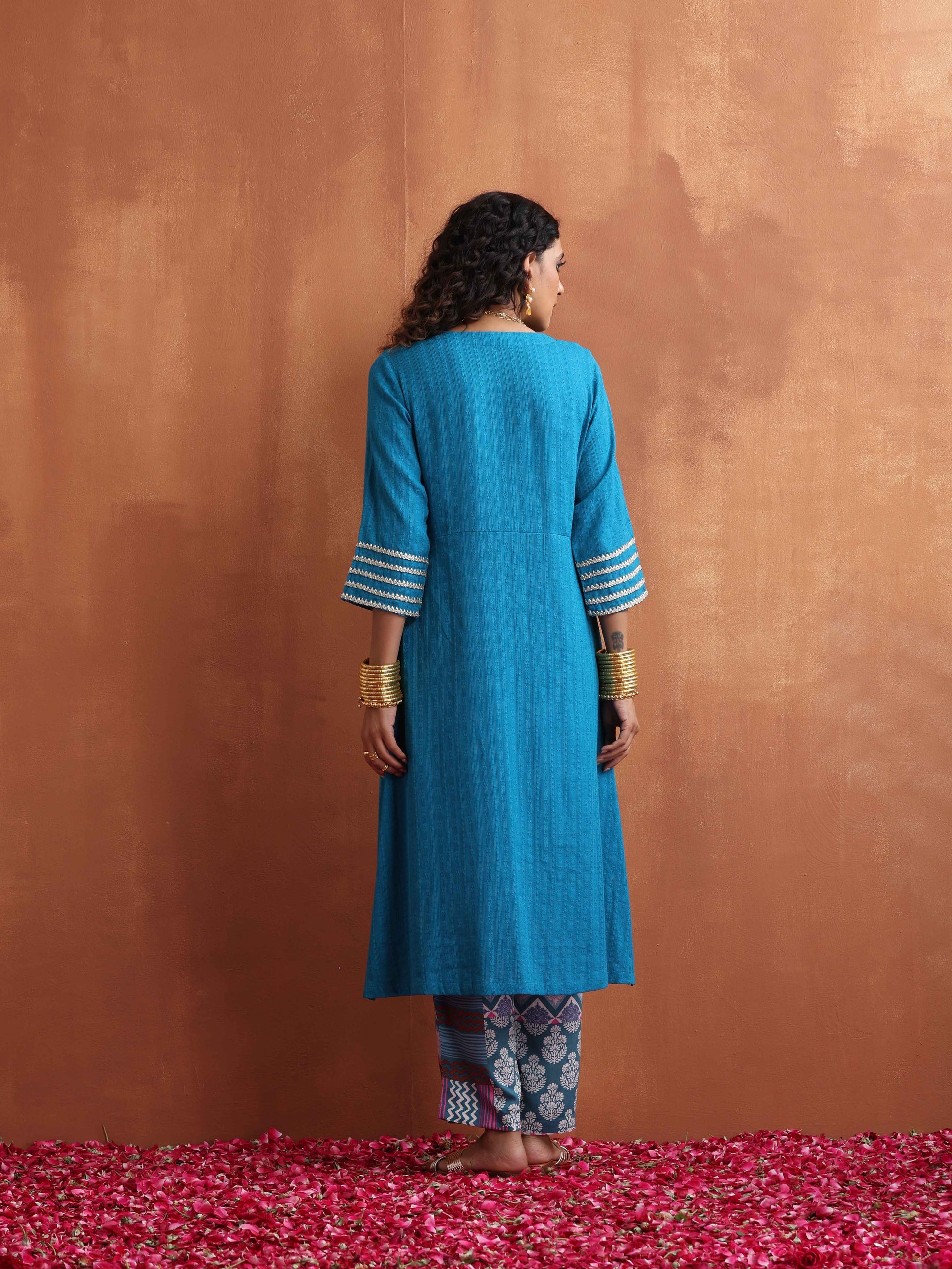trueBrowns Blue Cotton Flared Anarkali Kurta Set 