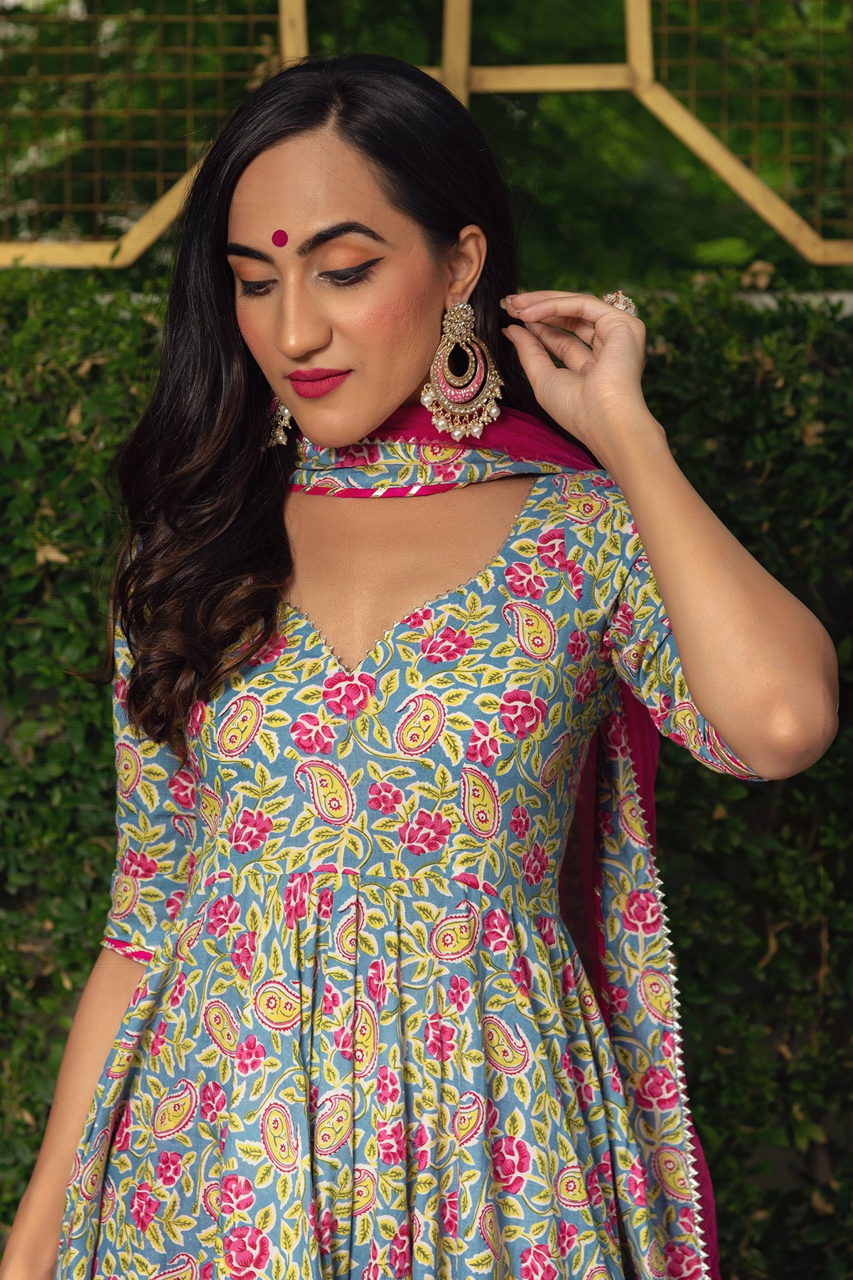 Pomcha Jaipur Jaipuri Hand Block Cotton Anarkali Set 