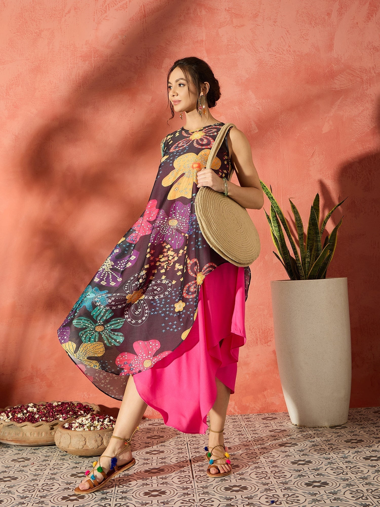 InWeave Black Floral Fuchsia Asymmetrical Dress 