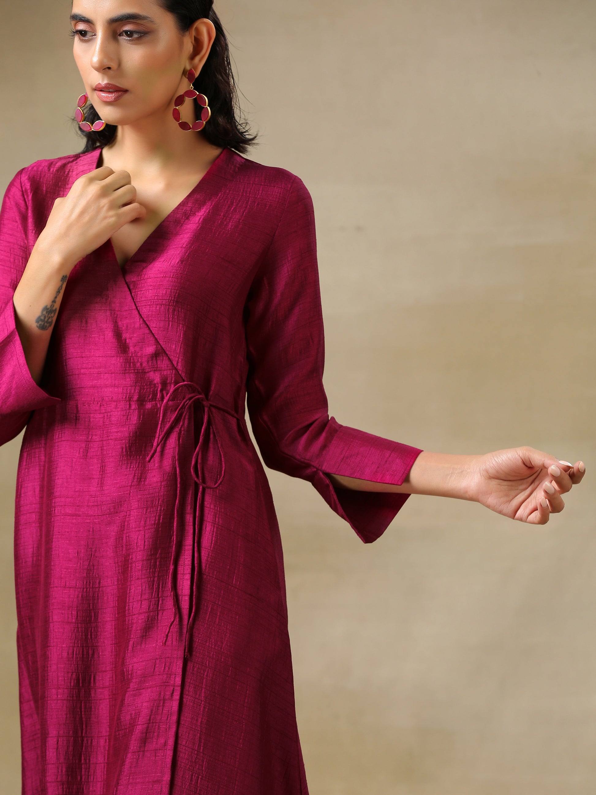 trueBrowns Purple Textured Silk Angrakha Kurta Pant Set 