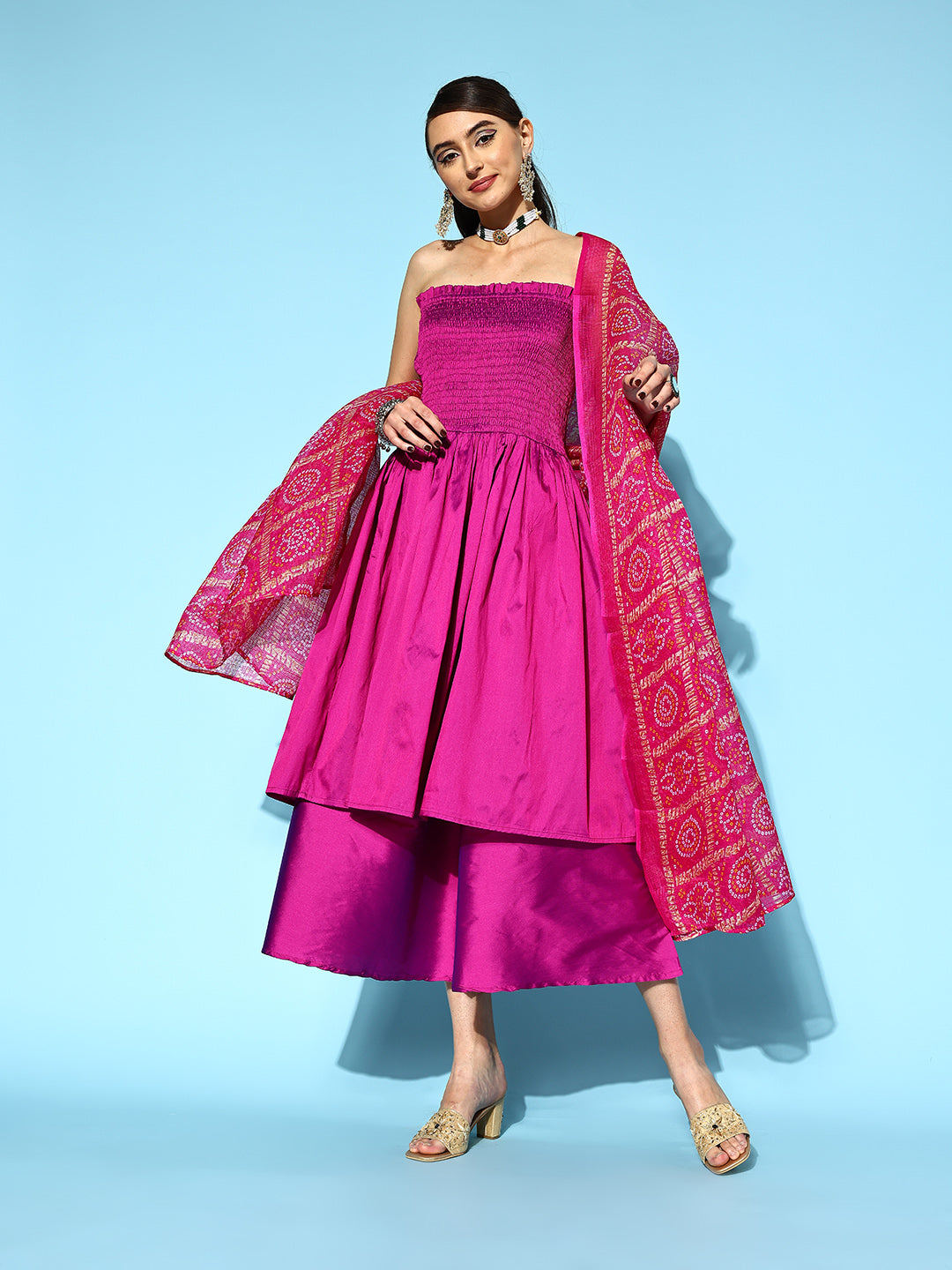 InWeave Purple Off Shoulder Silk Kurta Set -Pink Kota Bandhej Dupatta 