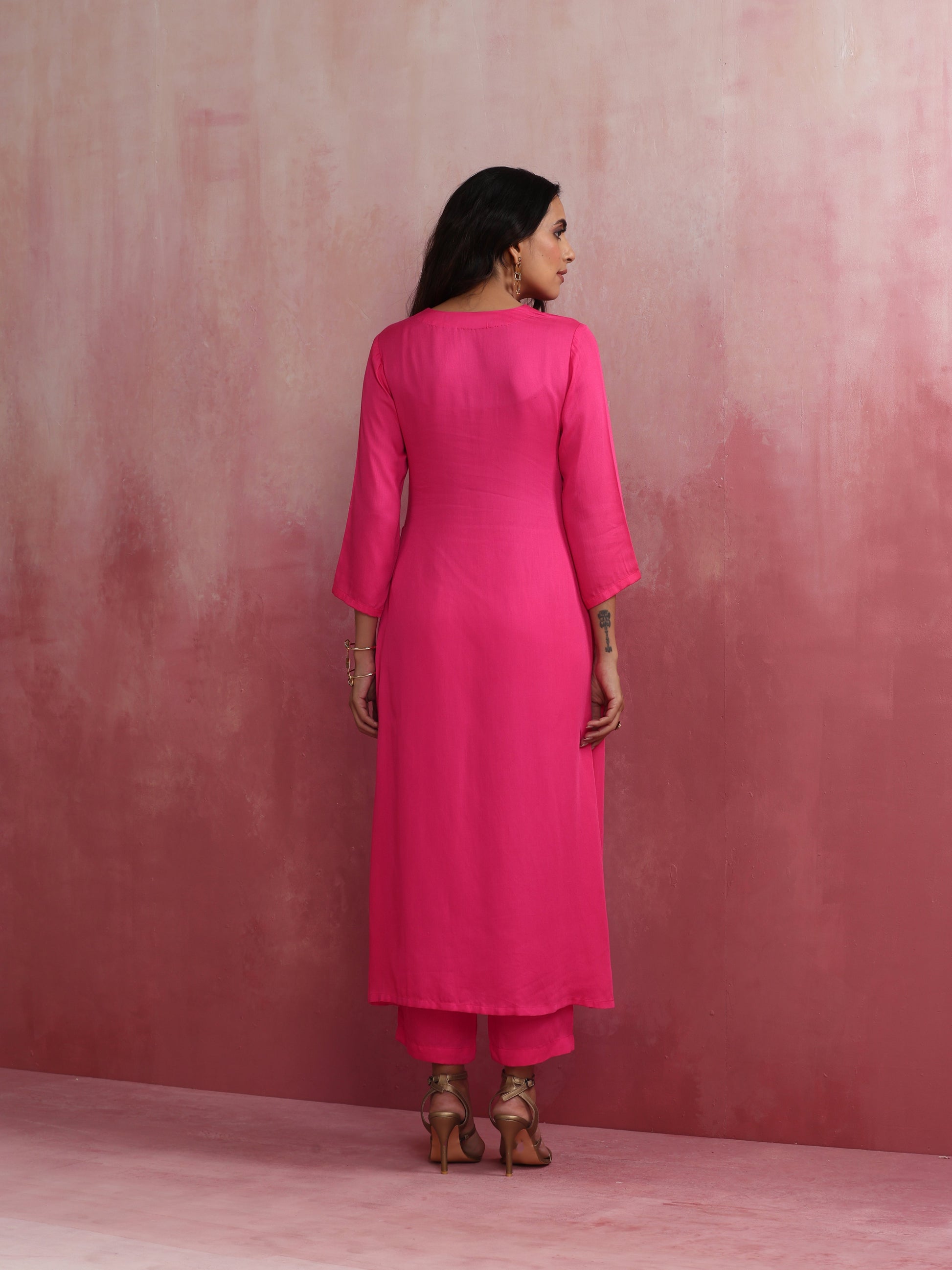 trueBrowns Pink Modal High Slit Kurta Set 