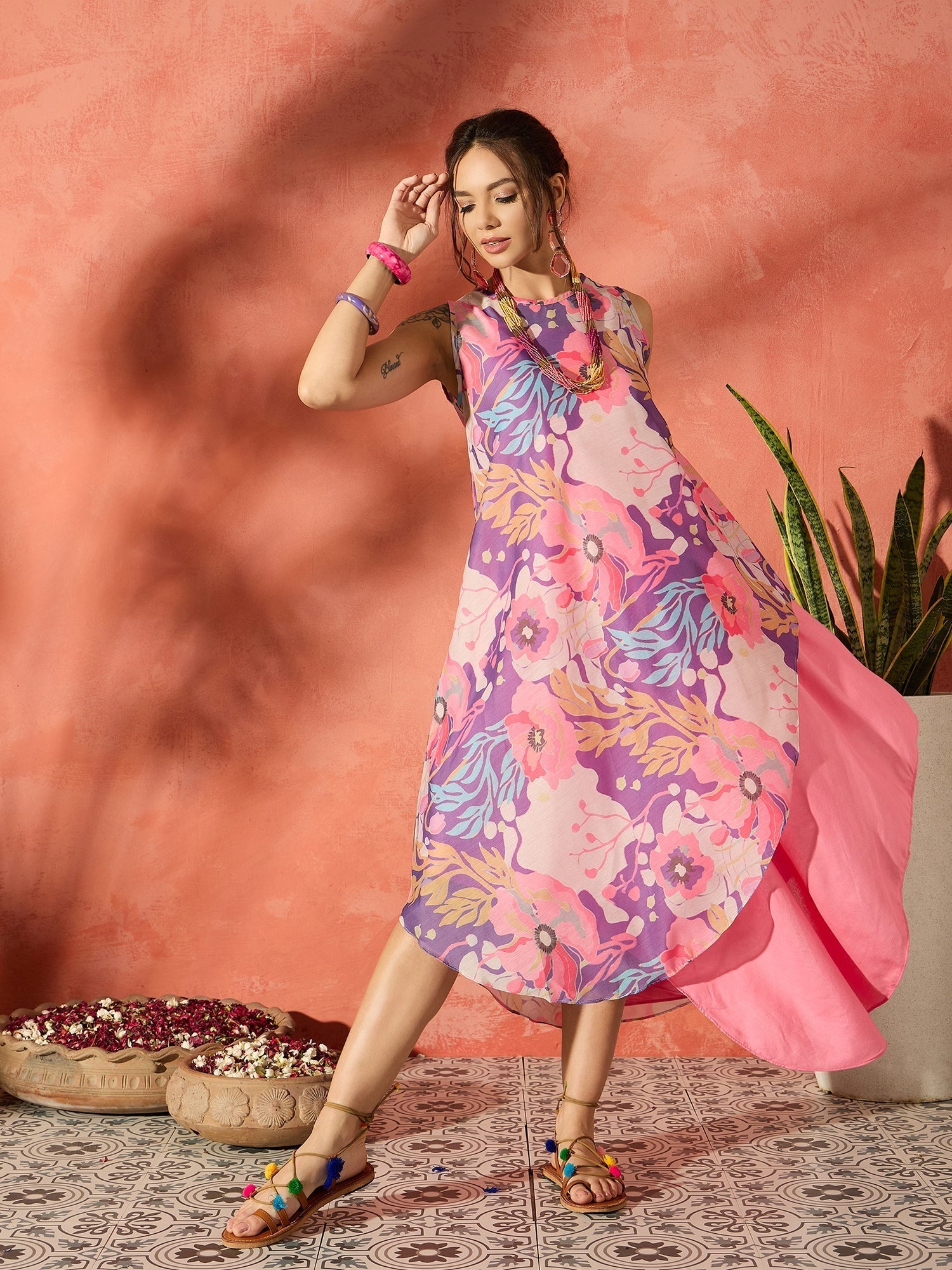 InWeave Purple Floral Peach Asymmetrical Dress 