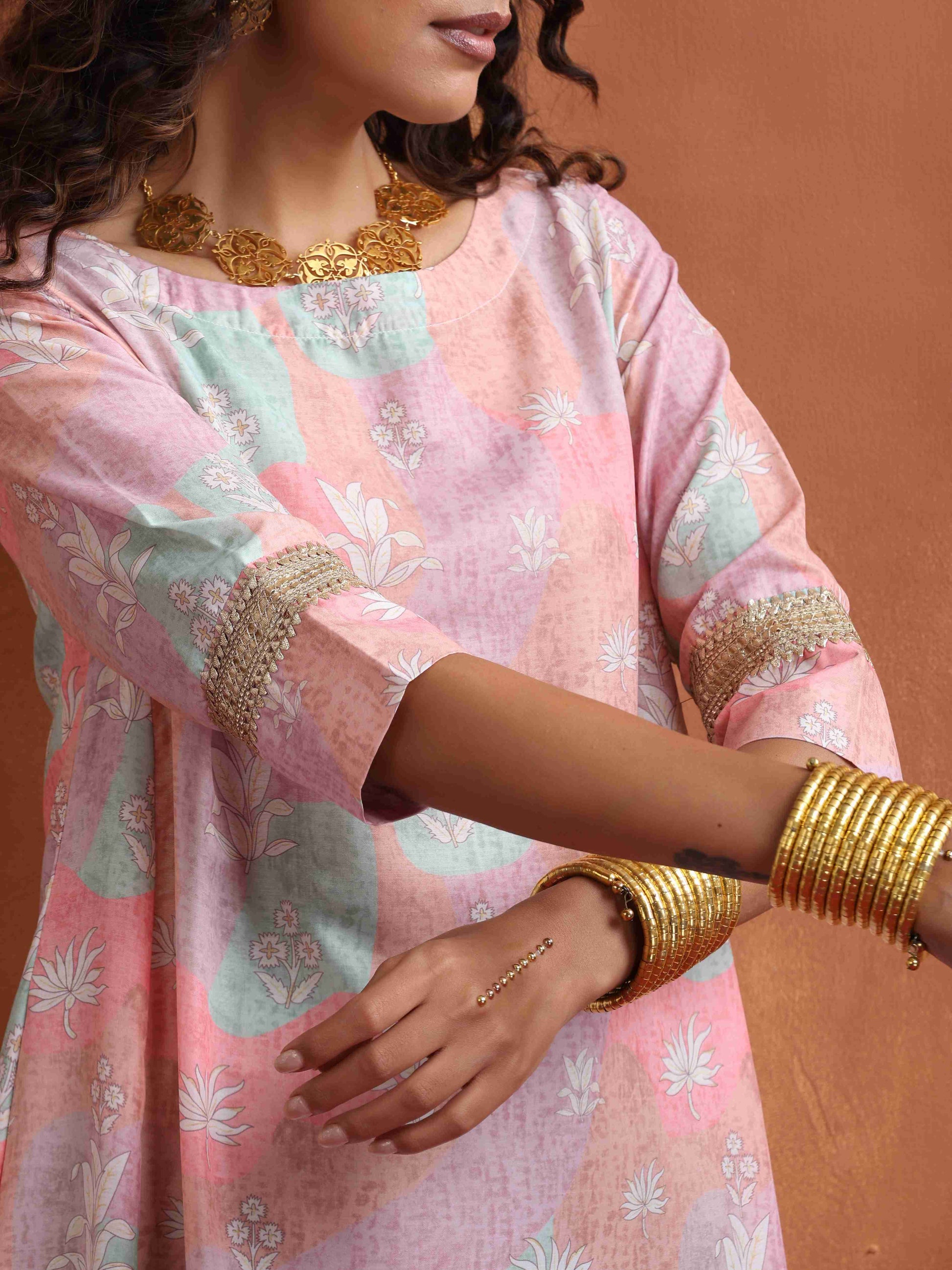 trueBrowns Beige Palm Print A-line Kurta Set 
