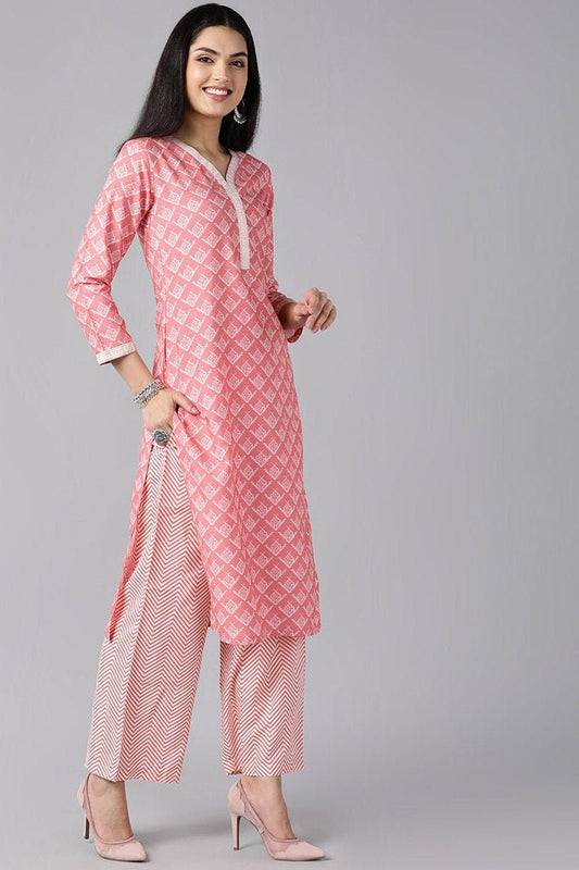 Ahika Peach Polyester Ethnic Motifs Straight Suit Set